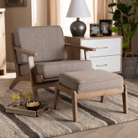 Baxton Studio Sigrid-Light Grey/Antique Oak-2PC Set Sigrid Mid-Century Modern Light Grey Fabric Upholstered Antique Oak Finished 2-Piece Wood Armchair and Ottoman Set